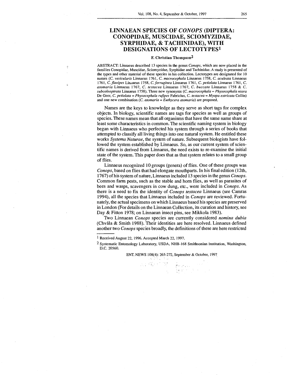 Linnaean Species of Conops (Diptera: Conopidae, Muscidae, Sciomyzidae, Syrphidae, & Tachinidae), with Designations of Lectotypes1 F