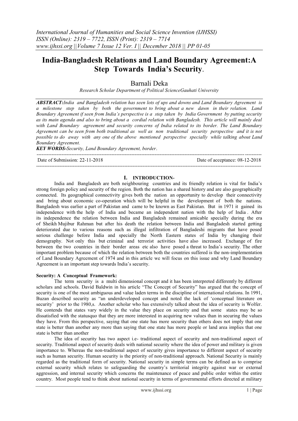 India-Bangladesh Relations and Land Boundary Agreement:A Step Towards India’S Security