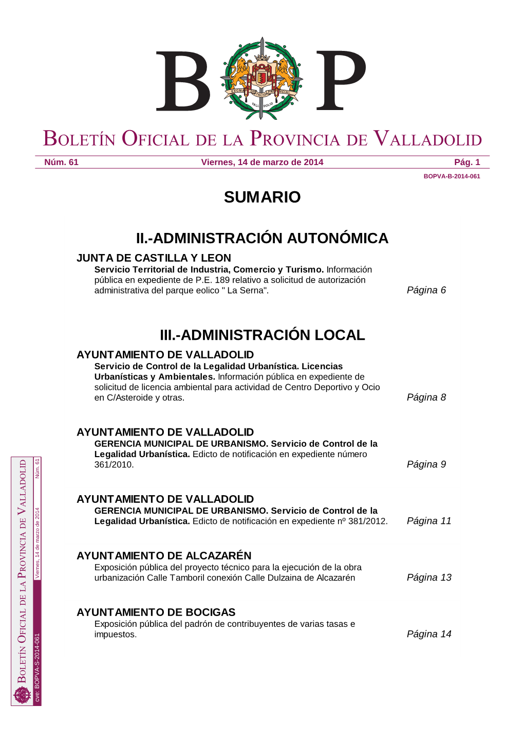 Sumario Boletín Oficial De La Provincia De Valladolid