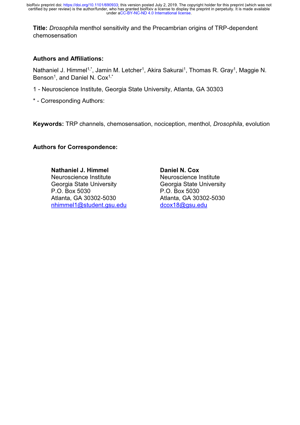 Drosophila Menthol Sensitivity and the Precambrian Origins of TRP-Dependent Chemosensation