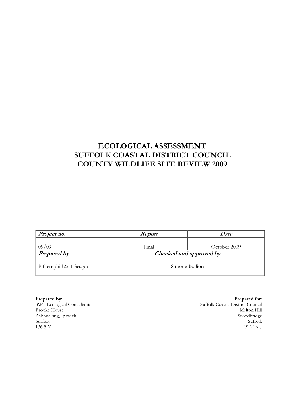 Ecological Assessment Suffolk Coastal District Council County W Ildlife Site Review 2009