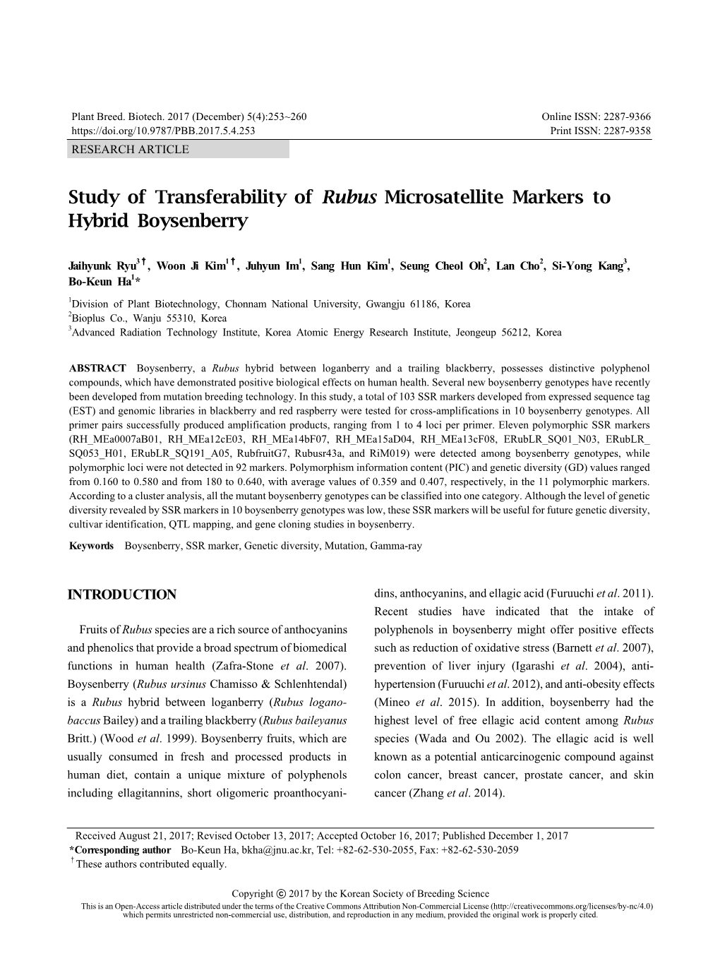 Study of Transferability of Rubus Microsatellite Markers to Hybrid Boysenberry