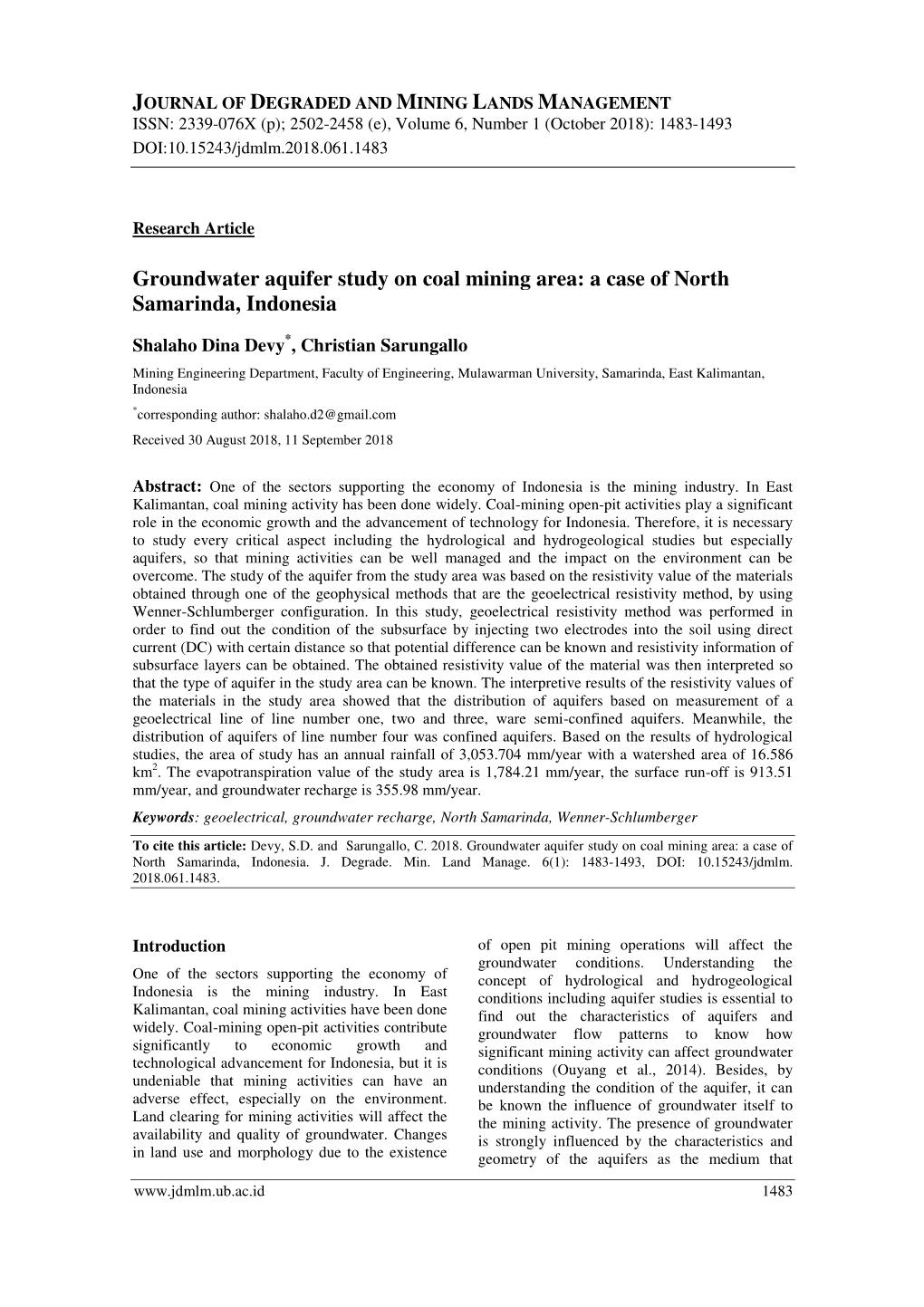 Groundwater Aquifer Study on Coal Mining Area: a Case of North Samarinda, Indonesia