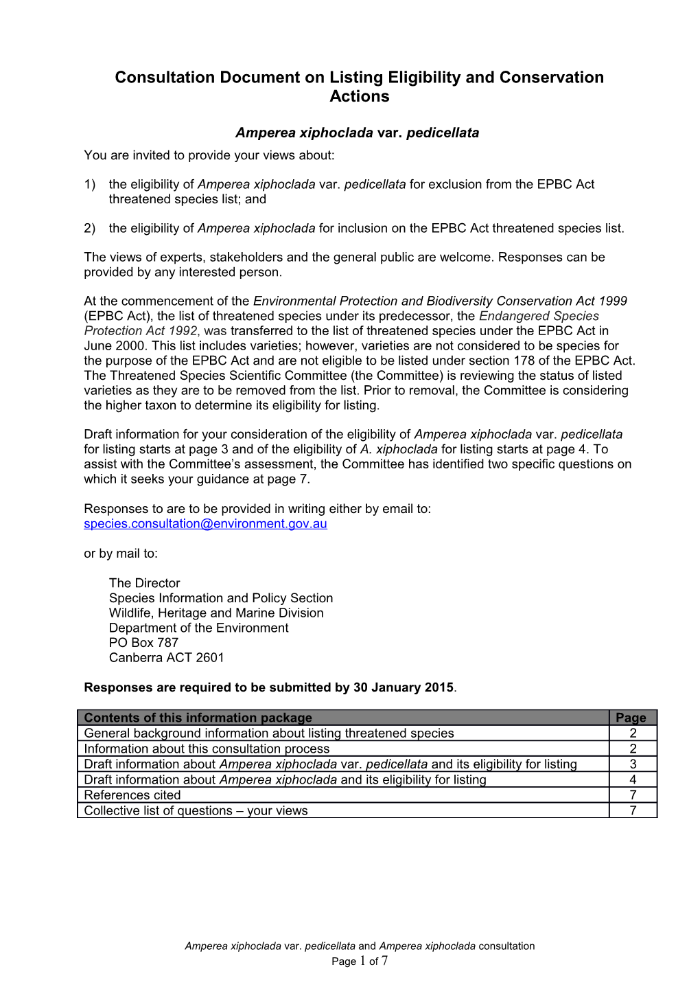 Consultation Document on Listing Eligibility and Conservation Actions Amperea Xiphoclada