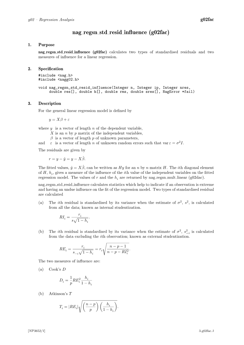 Nag Regsn Std Resid Influence (G02fac)