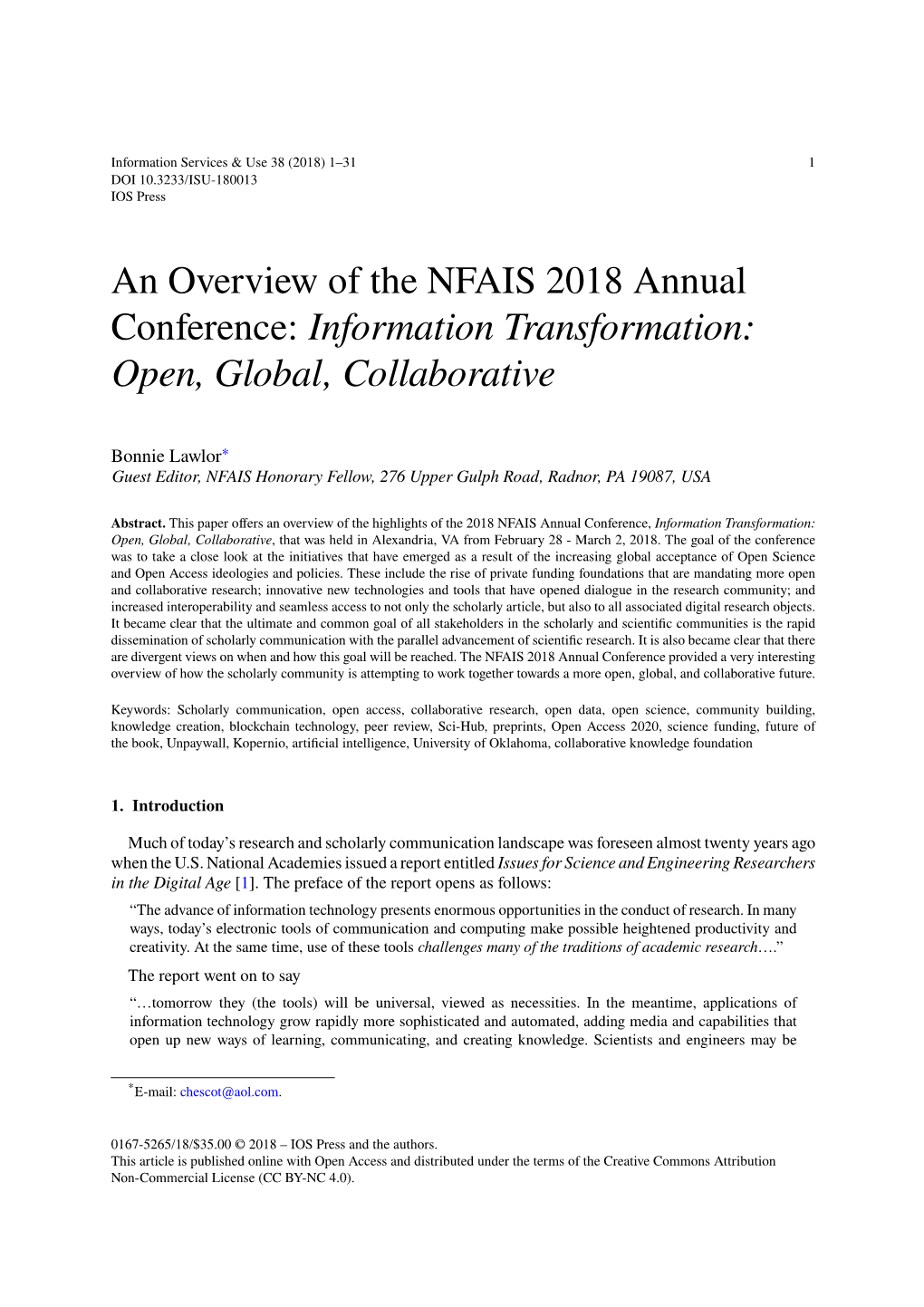 An Overview of the NFAIS 2018 Annual Conference: Information Transformation: Open, Global, Collaborative