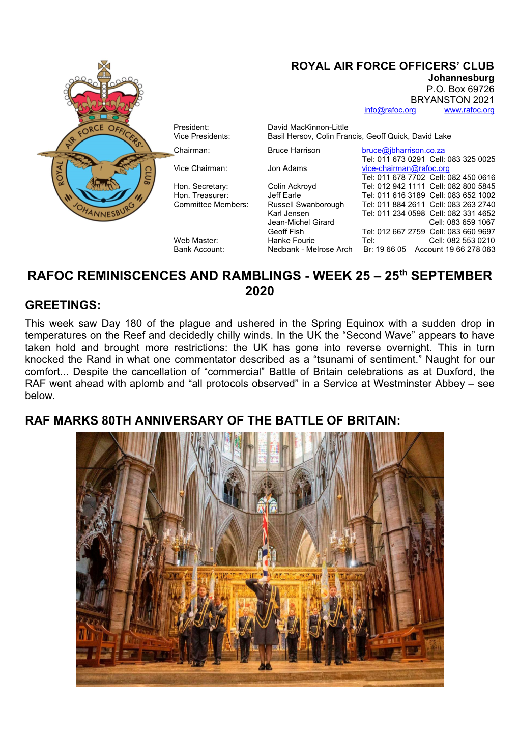 RAFOC REMINISCENCES and RAMBLINGS - WEEK 25 – 25Th SEPTEMBER 2020 GREETINGS