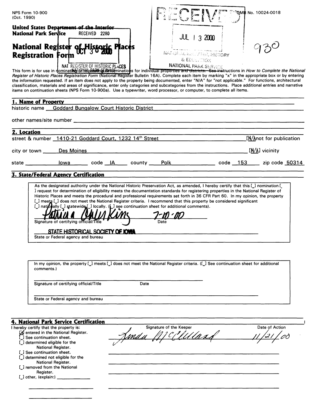 National Register of Historic Places Continuation Sheet Goddard Bungalow Court Historic District Polk County, Iowa Section Number 7_____ Page 1____