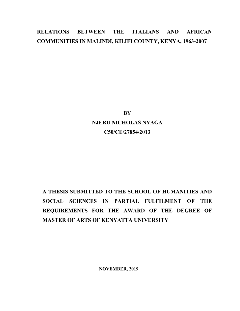 Relations Between the Italians and African Communities in Malindi, Kilifi County, Kenya, 1963-2007