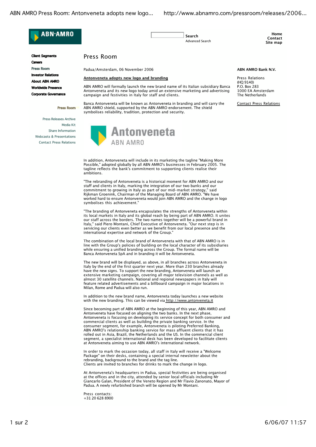 ABN AMRO Press Room: Antonveneta Adopts New Logo and Branding