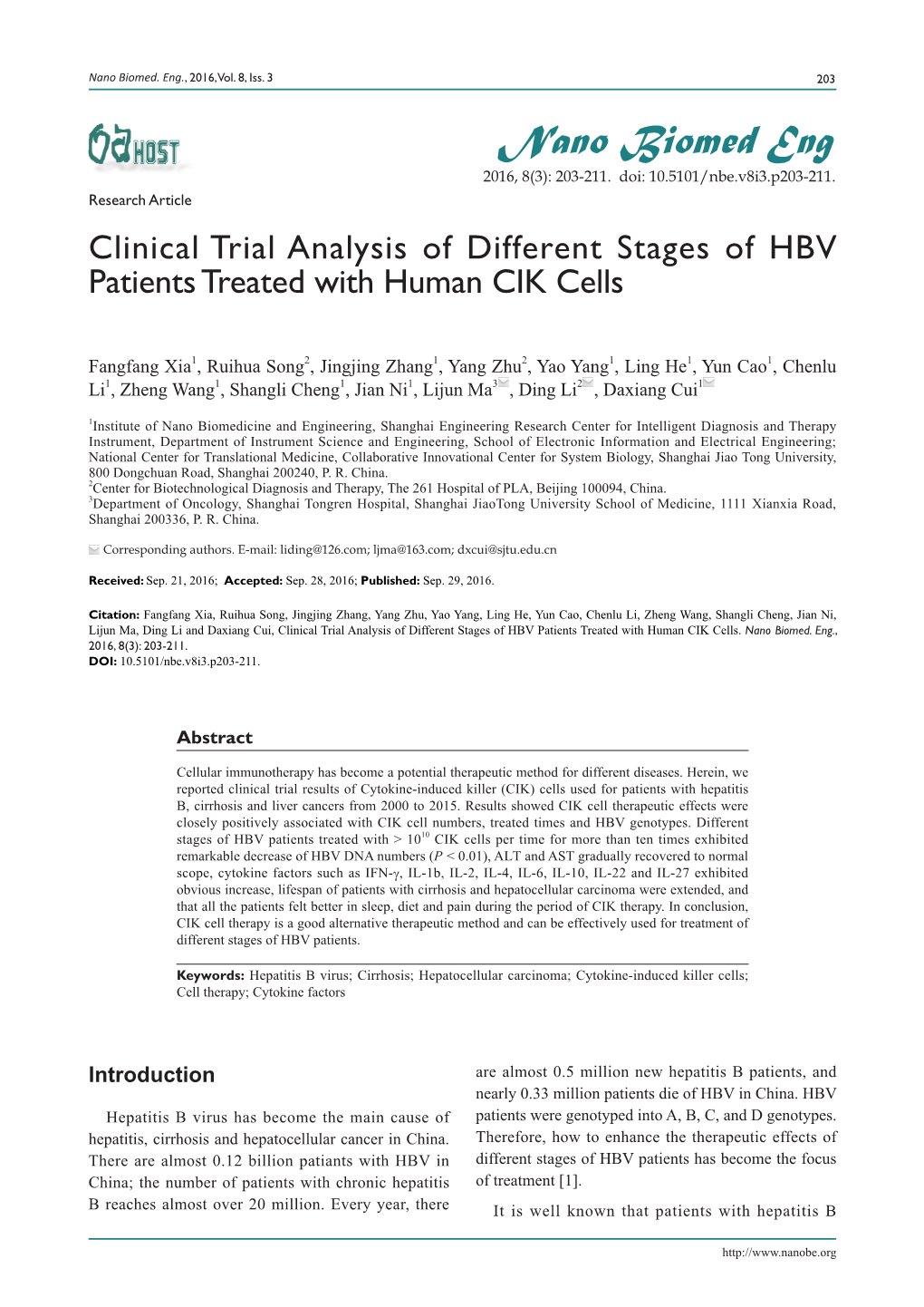 Clinical Trial Analysis of Different Stages of HBV Patients Treated with Human CIK Cells