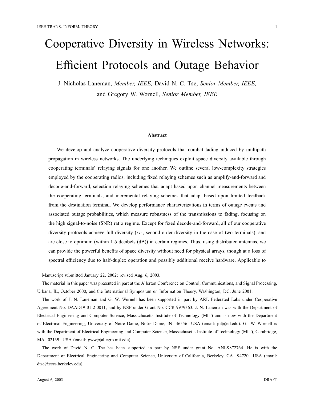 Cooperative Diversity in Wireless Networks: Efﬁcient Protocols and Outage Behavior