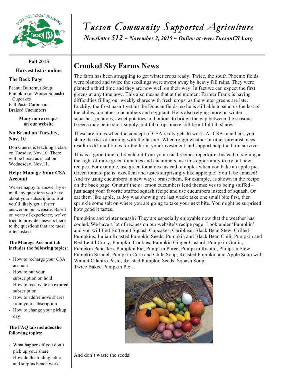 Tucson Community Supported Agriculture Newsletter 512 ~ November 2, 2015 ~ Online At