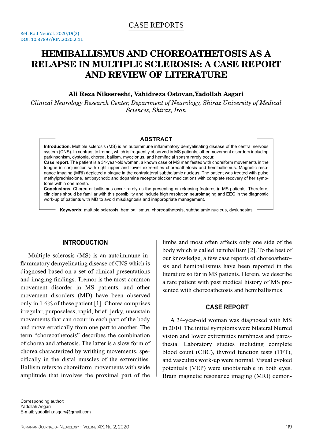 Hemiballismus and Choreoathetosis As a Relapse in Multiple Sclerosis: a Case Report and Review of Literature