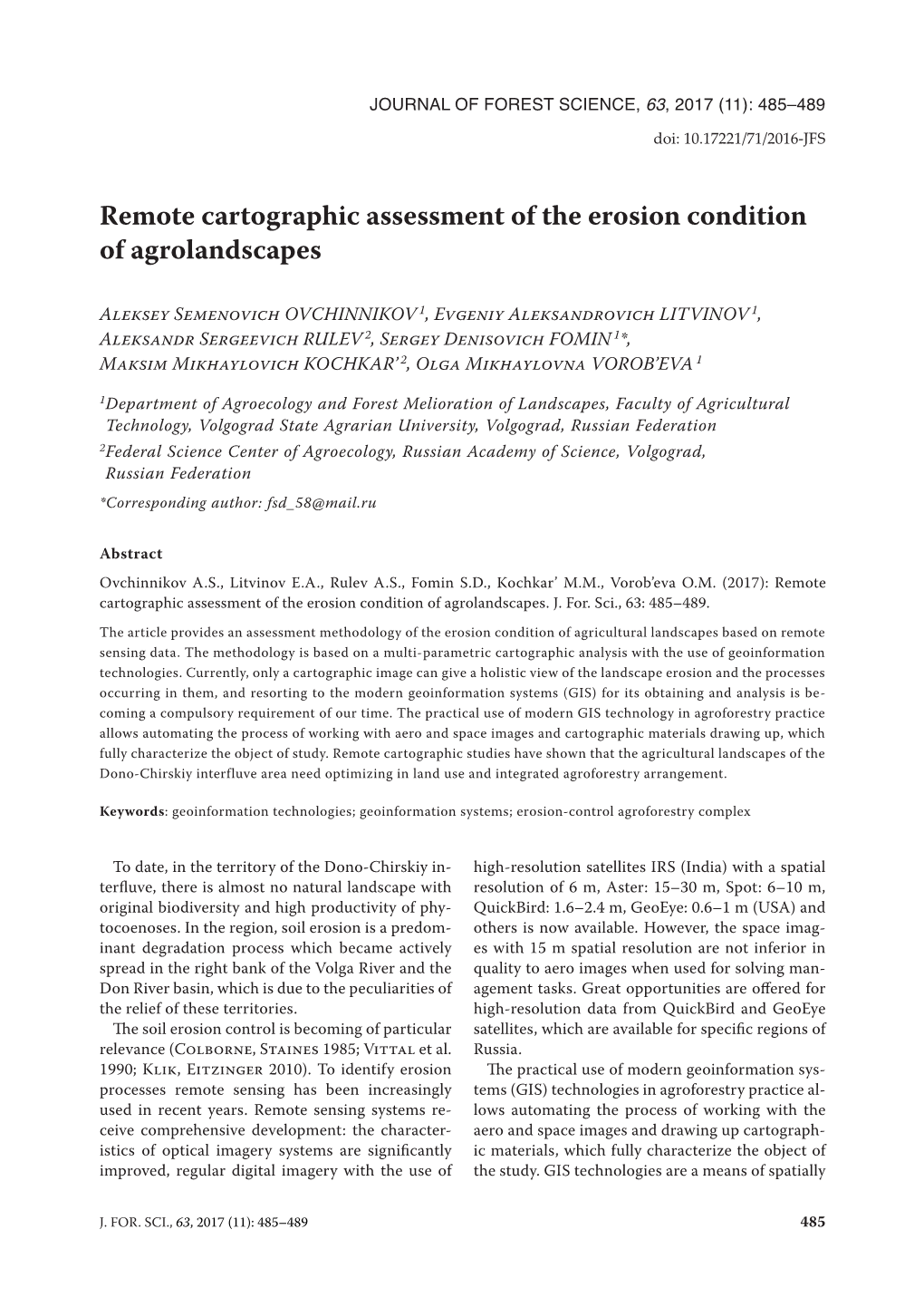 Remote Cartographic Assessment of the Erosion Condition of Agrolandscapes