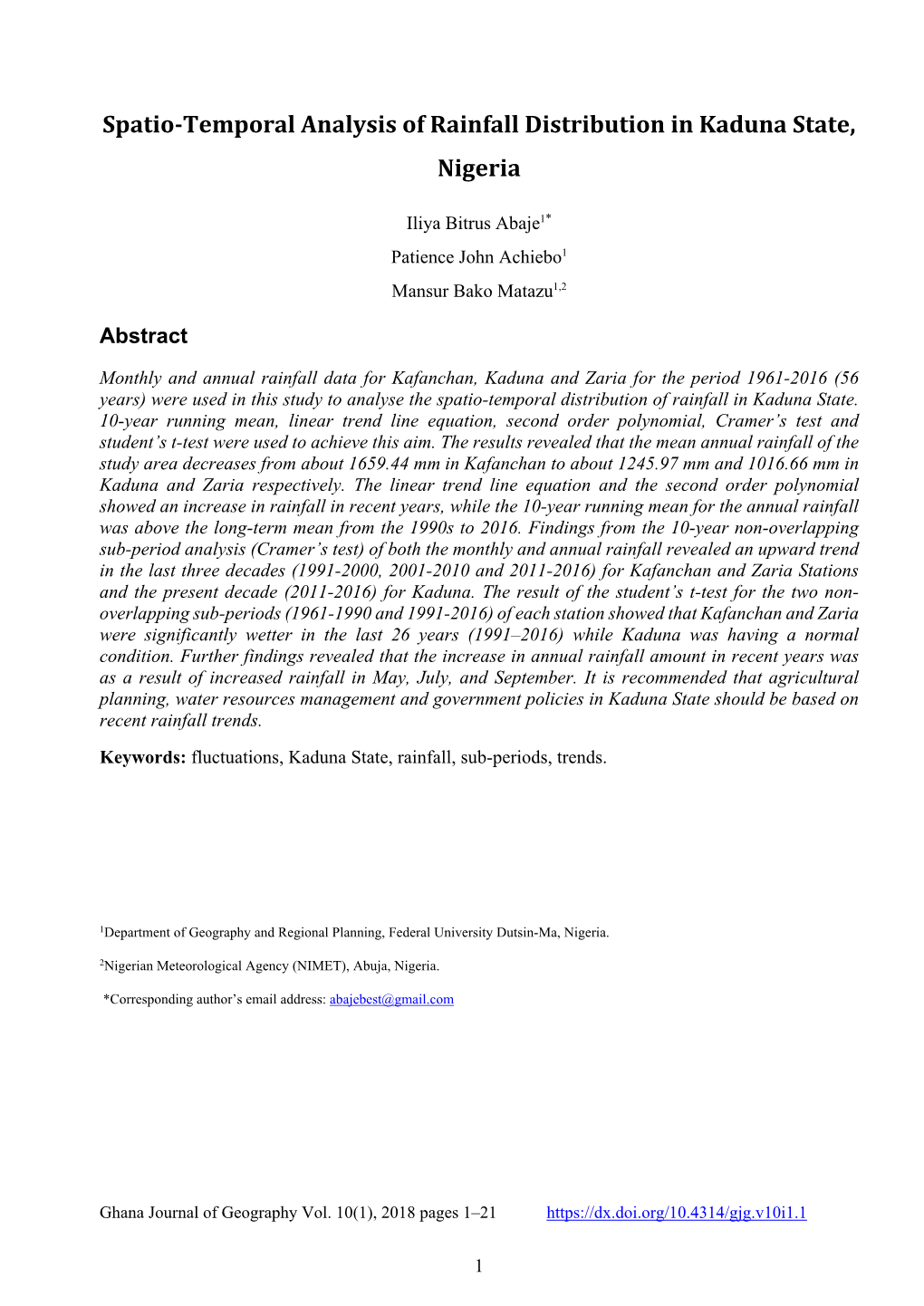 Spatio-Temporal Analysis of Rainfall Distribution in Kaduna State, Nigeria