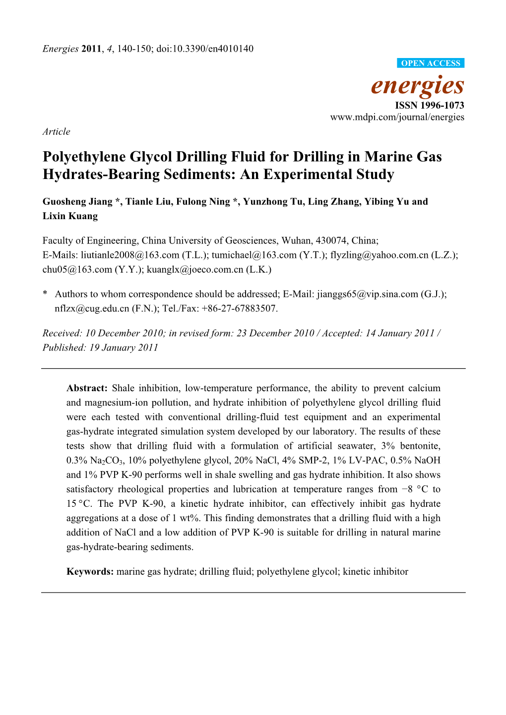 Polyethylene Glycol Drilling Fluid for Drilling in Marine Gas Hydrates-Bearing Sediments: an Experimental Study