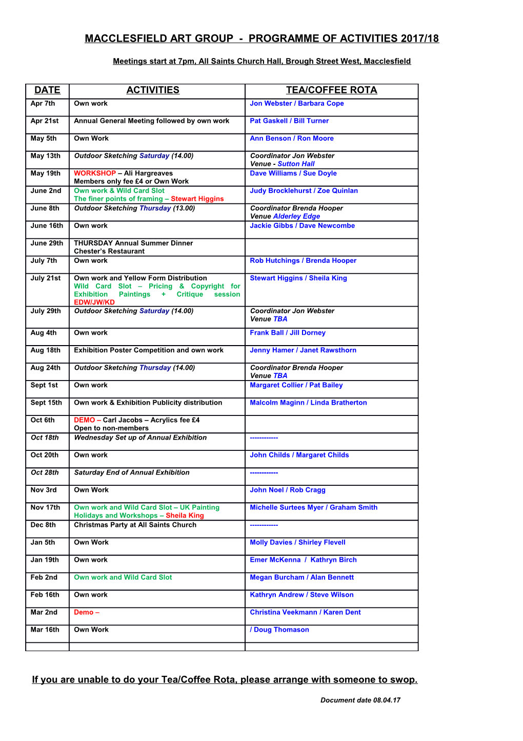 Macclesfield Art Group - Programme of Activities 2017/18