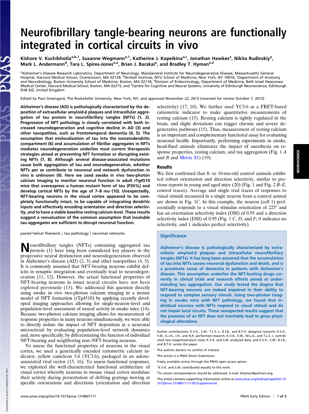 Neurofibrillary Tangle-Bearing Neurons Are Functionally Integrated in Cortical Circuits in Vivo