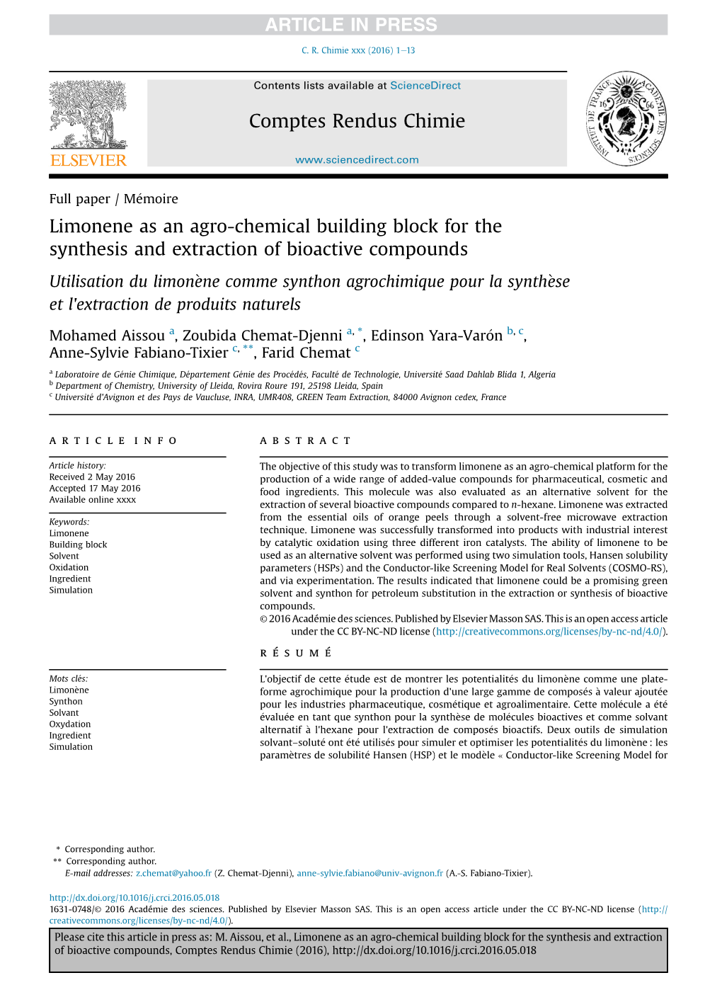 Limonene As an Agro-Chemical Building Block for the Synthesis And