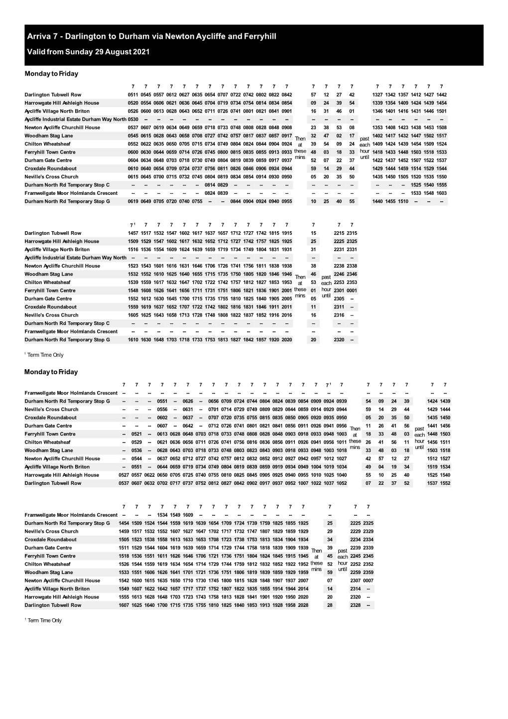 Arriva 7 - Darlington to Durham Via Newton Aycliffe and Ferryhill Valid from Sunday 29 August 2021