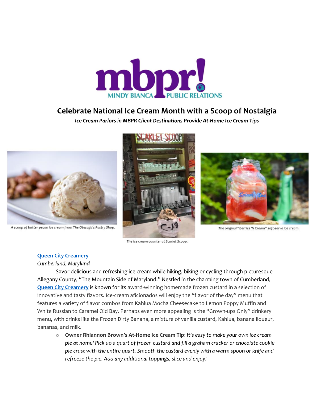 Celebrate National Ice Cream Month with a Scoop of Nostalgia Ice Cream Parlors in MBPR Client Destinations Provide At-Home Ice Cream Tips