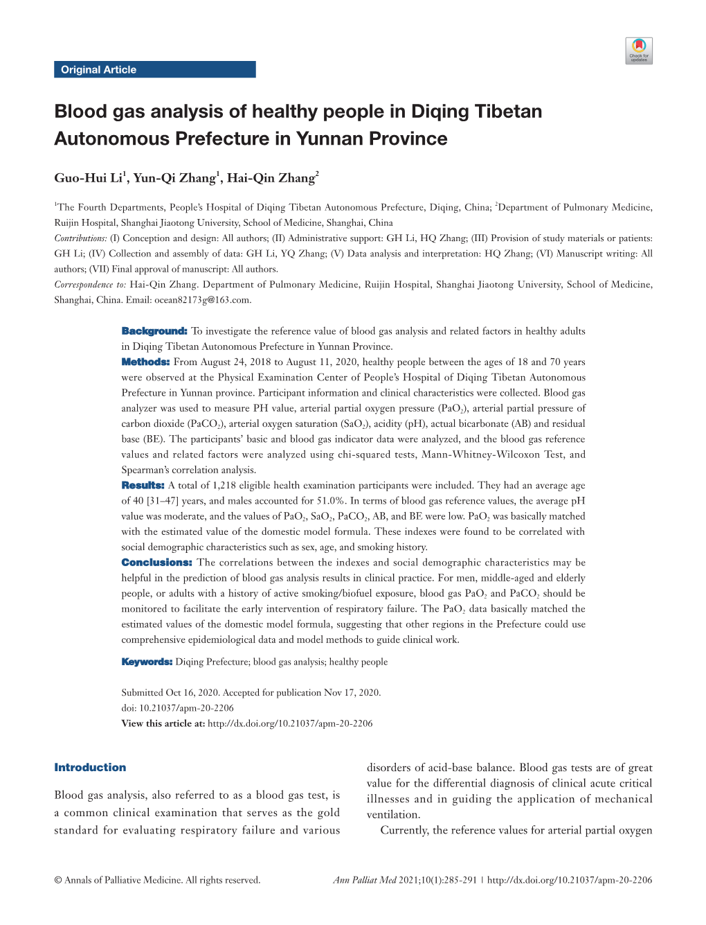 Blood Gas Analysis of Healthy People in Diqing Tibetan Autonomous Prefecture in Yunnan Province