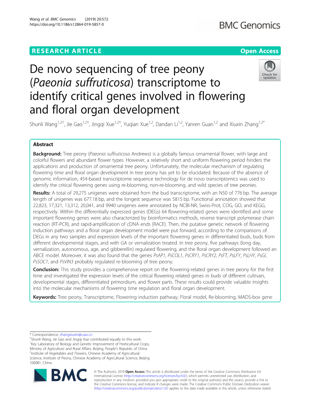 De Novo Sequencing of Tree Peony (Paeonia Suffruticosa