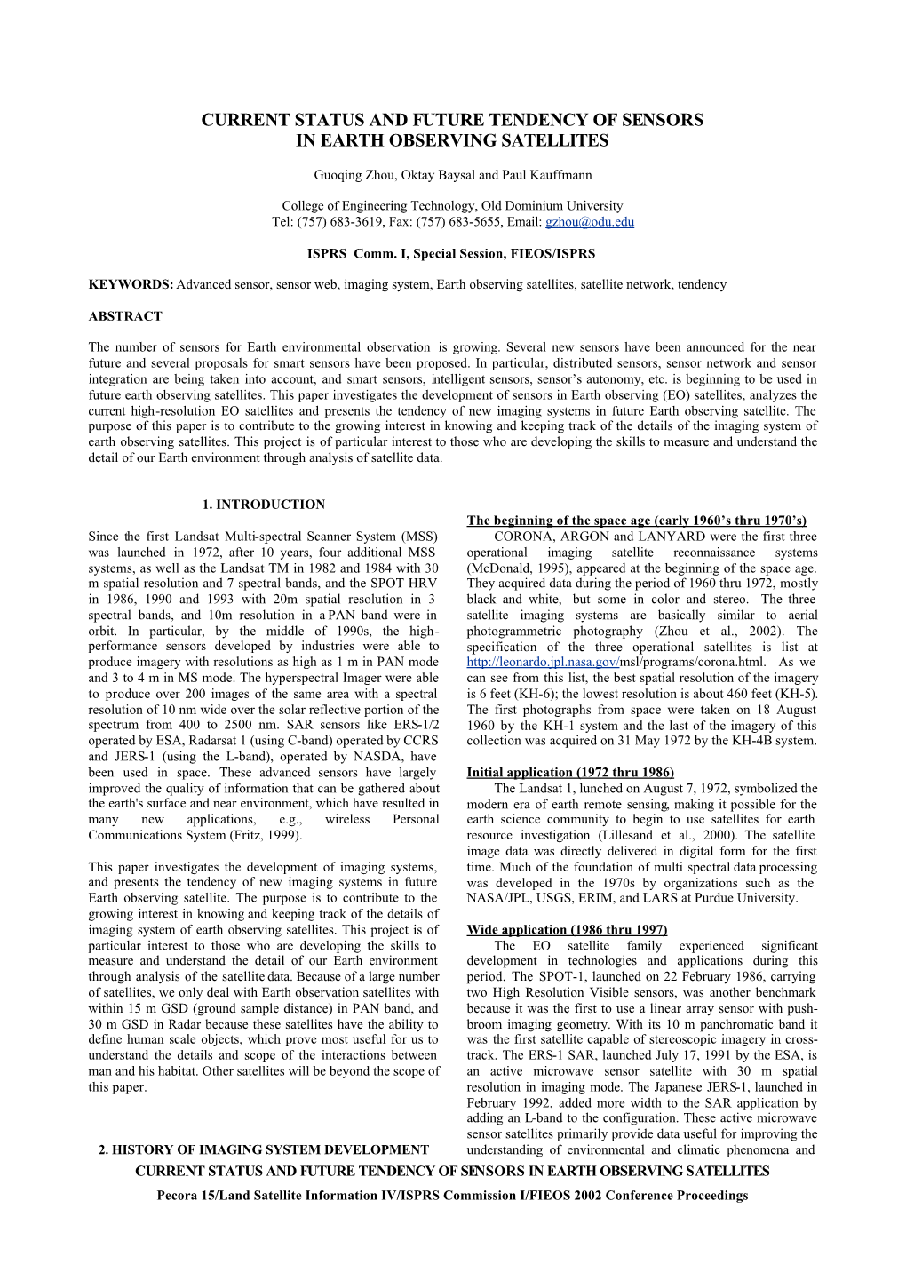 Current Status and Future Tendency of Sensors in Earth Observing Satellites