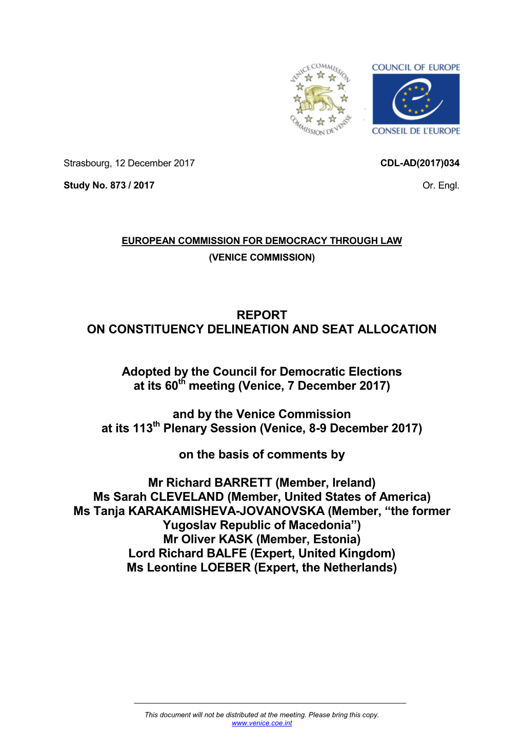 Report on Constituency Delineation and Seat Allocation