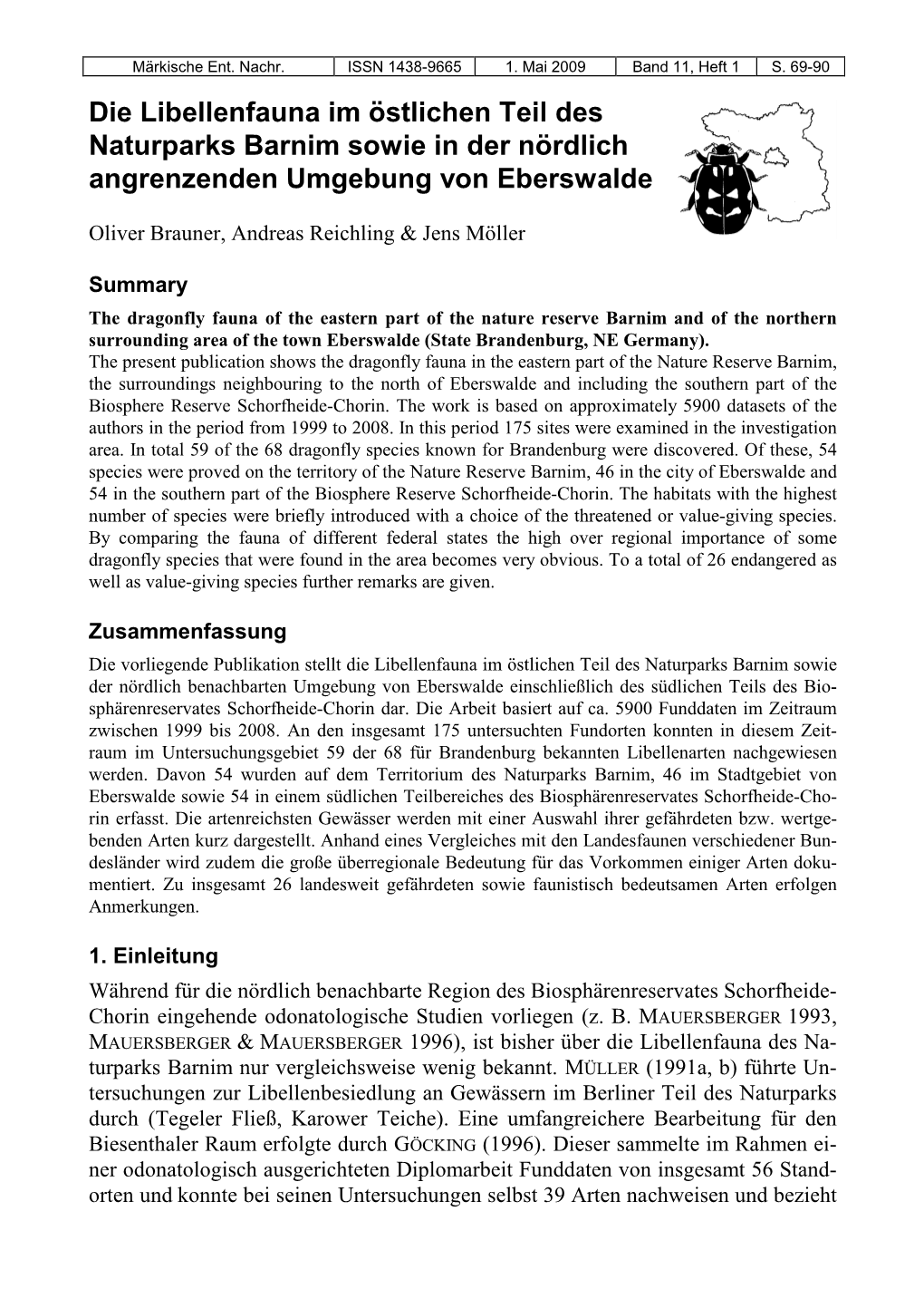 Die Libellenfauna Im Östlichen Teil Des Naturparks Barnim Sowie in Der Nördlich Angrenzenden Umgebung Von Eberswalde