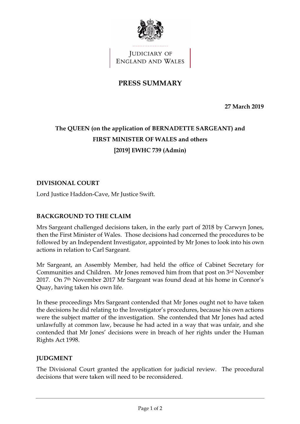 Saregeant V First Minister of Wales Press Summary