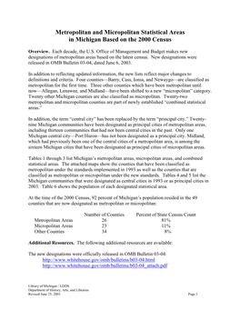 Metropolitan and Micropolitan Statistical Areas in Michigan Based on the 2000 Census