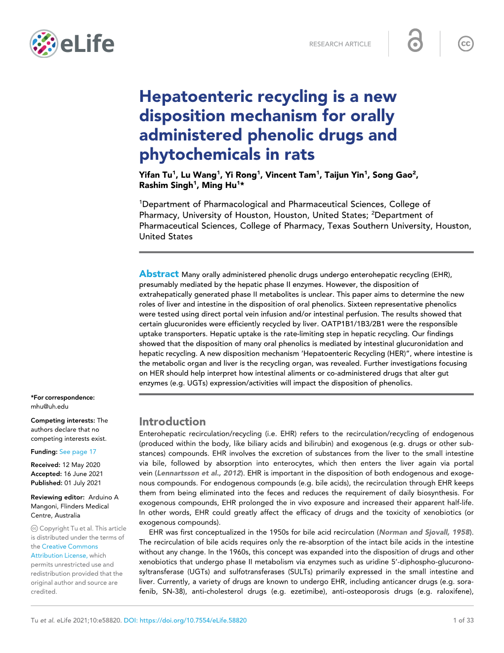 Hepatoenteric Recycling Is a New Disposition Mechanism for Orally Administered Phenolic Drugs and Phytochemicals in Rats
