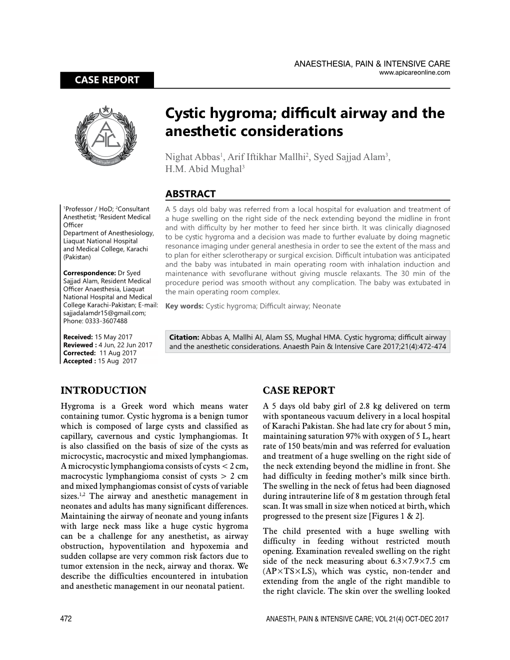 Cystic Hygroma; Difficult Airway and the Anesthetic Considerations