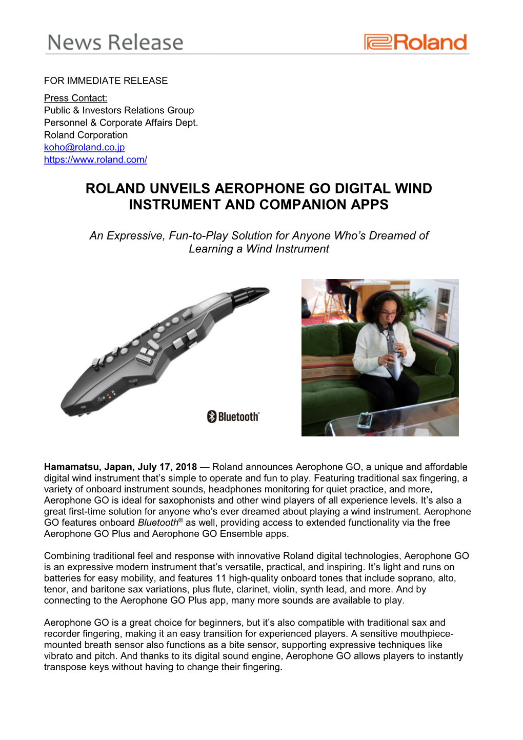 Roland Unveils Aerophone Go Digital Wind Instrument and Companion Apps