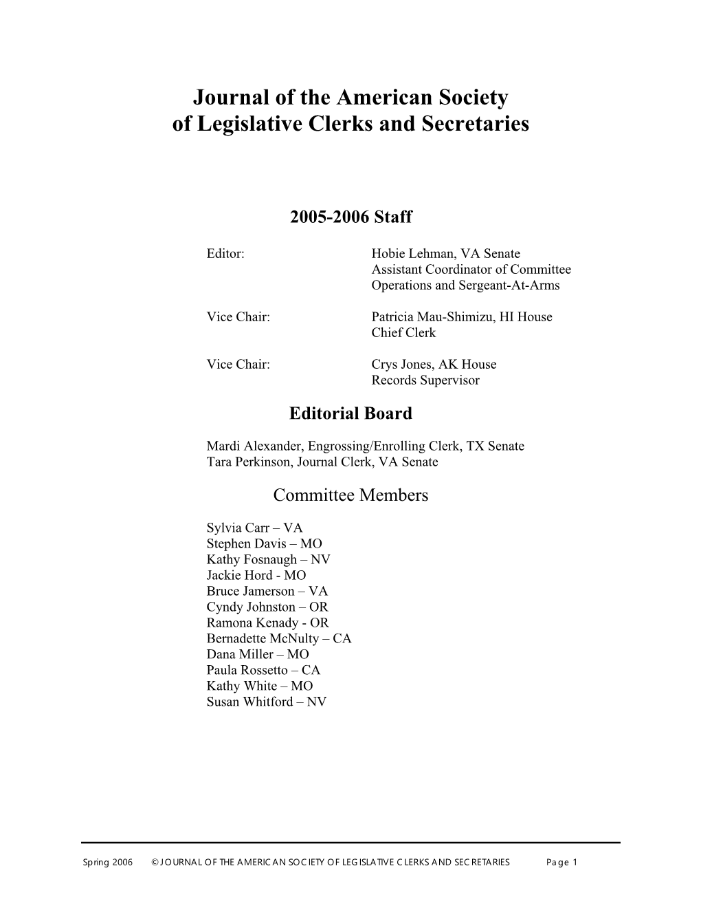 Journal of the American Society of Legislative Clerks and Secretaries