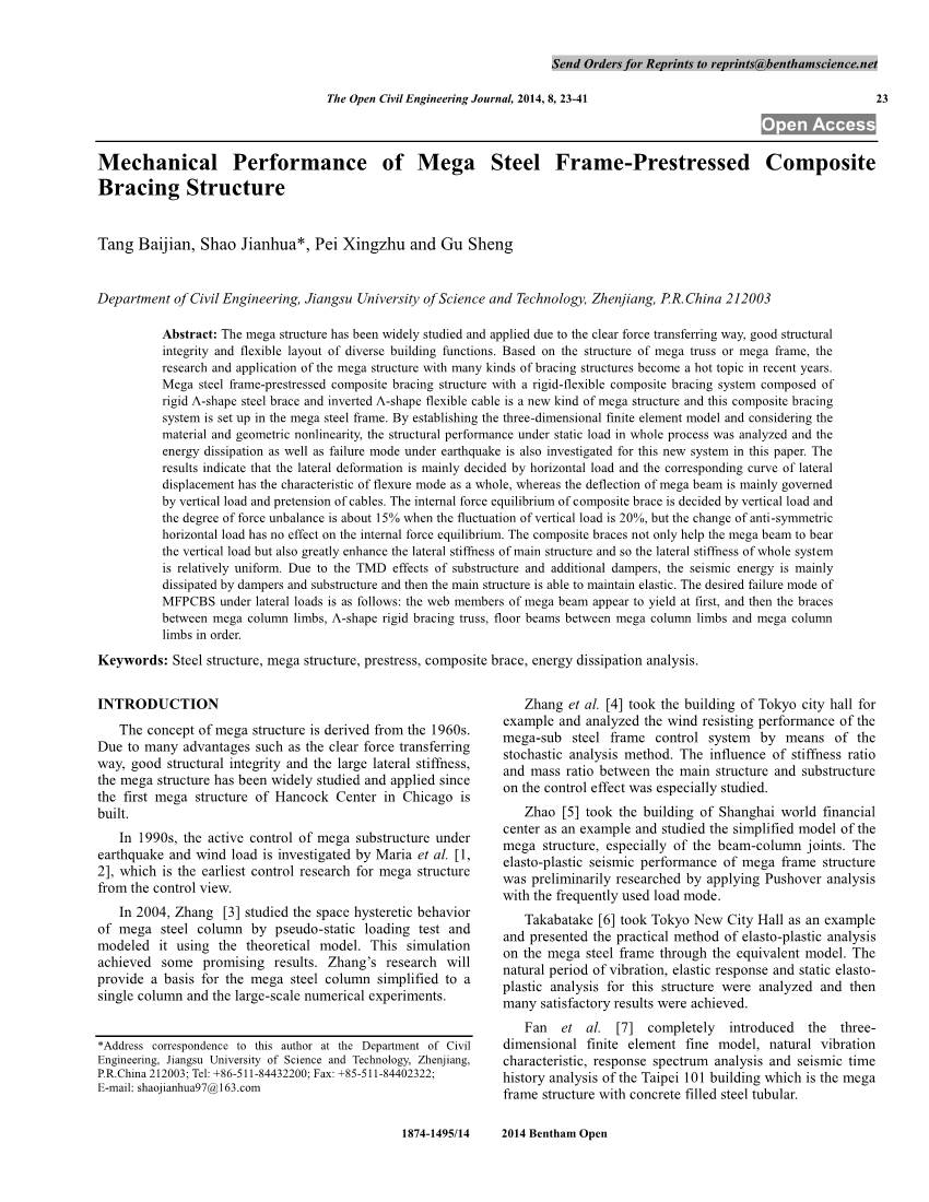 Mechanical Performance of Mega Steel Frame-Prestressed Composite Bracing Structure