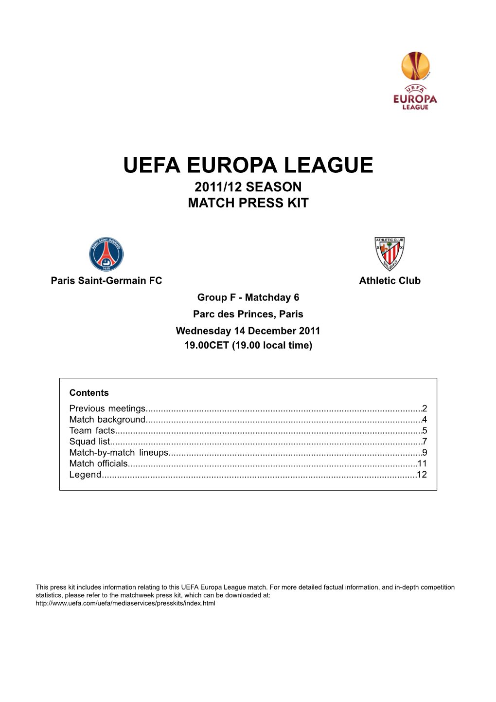 Uefa Europa League 2011/12 Season Match Press Kit