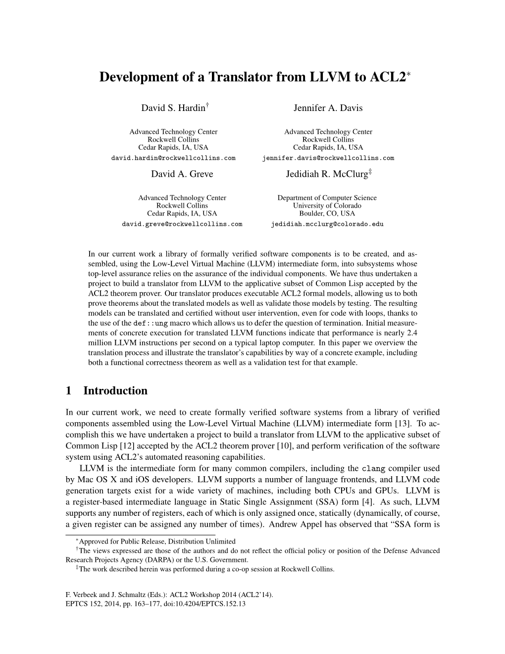 Development of a Translator from LLVM to ACL2∗