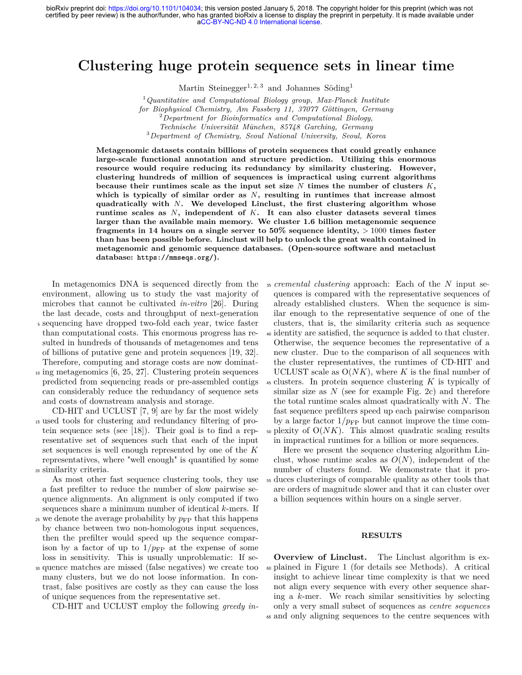 Clustering Huge Protein Sequence Sets in Linear Time