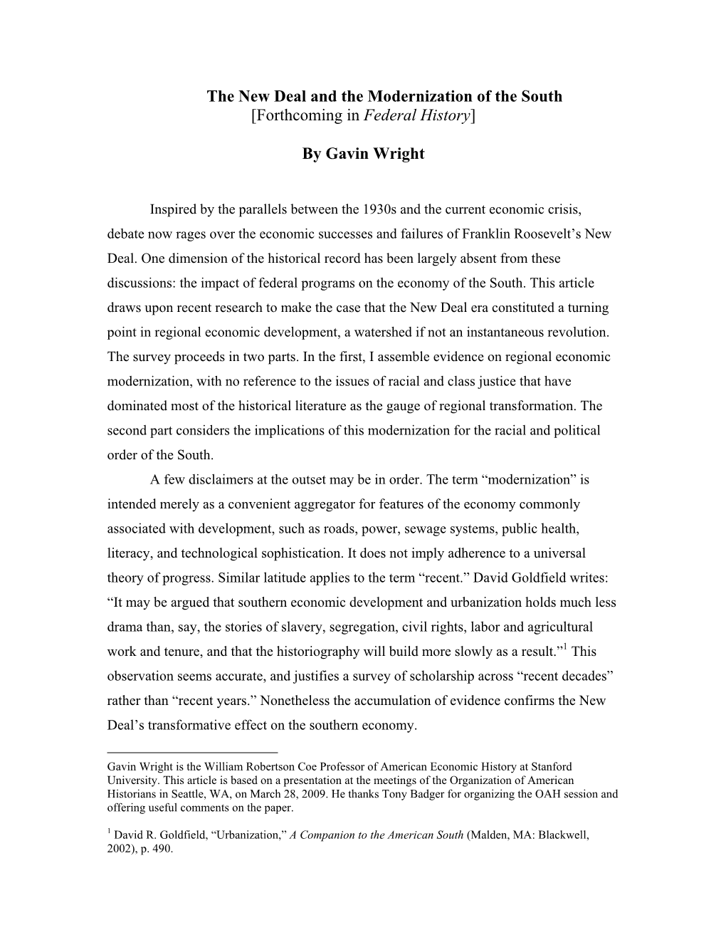 The New Deal and the Modernization of the South [Forthcoming in Federal History]
