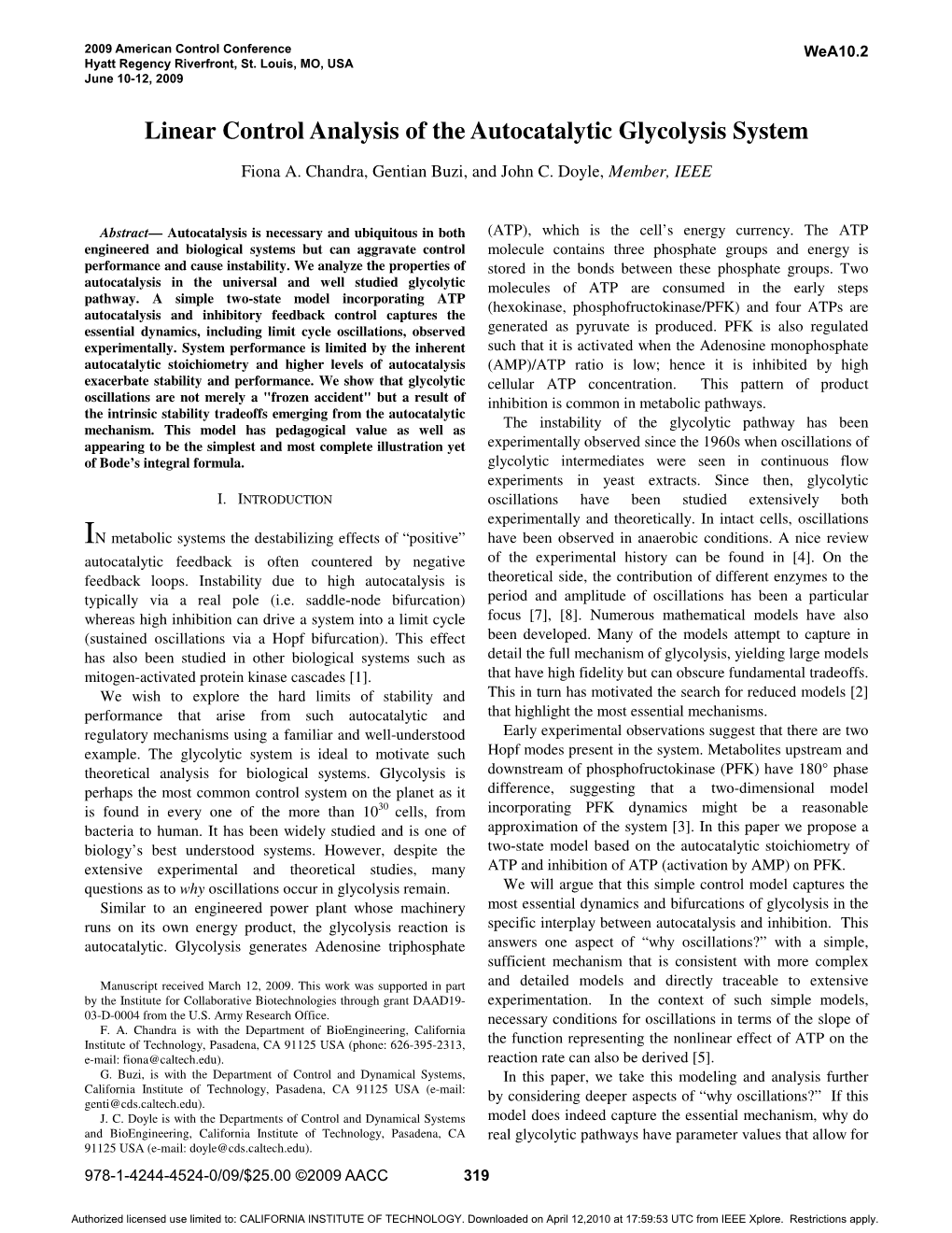 Linear Control Analysis for the Autocatalytic Glycolysis System