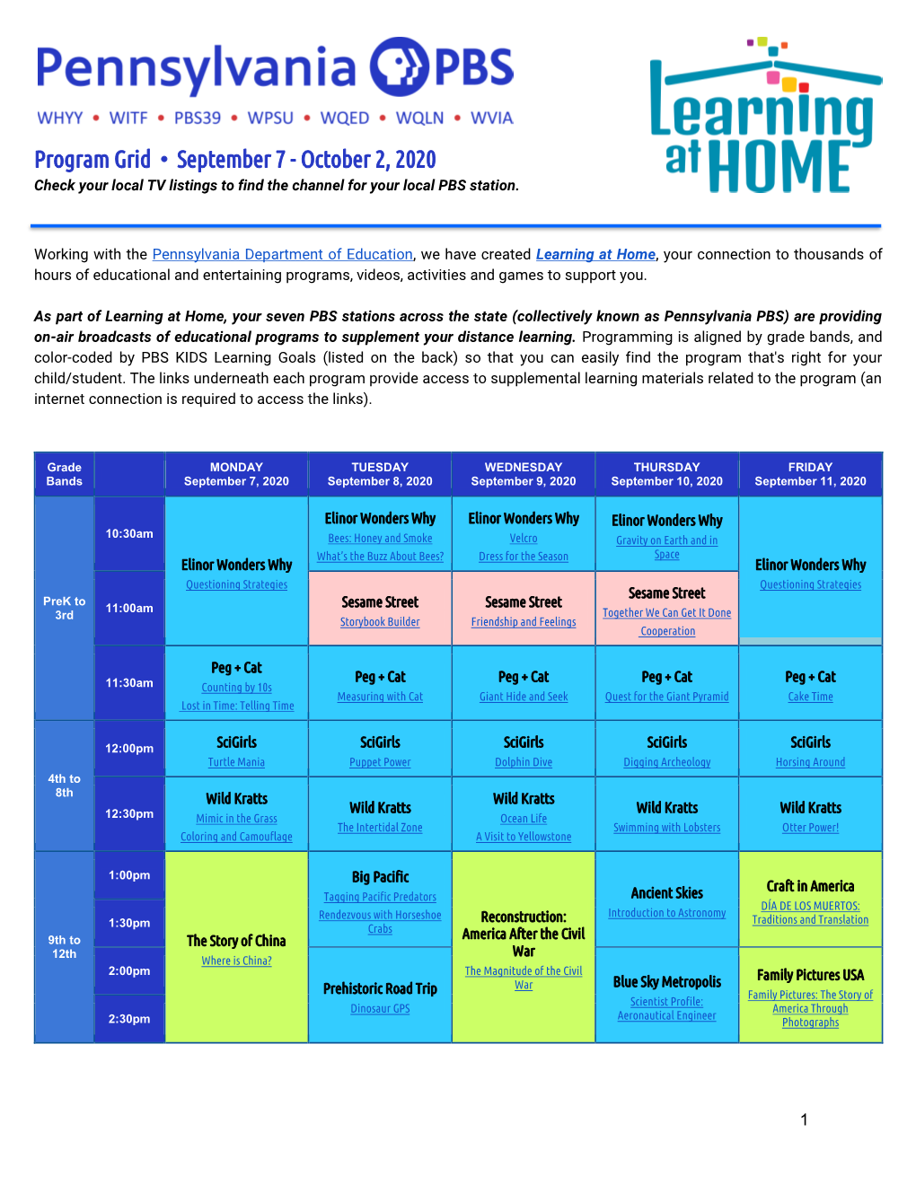 Program Grid • September 7 - October 2, 2020 Check Your Local TV Listings to Find the Channel for Your Local PBS Station