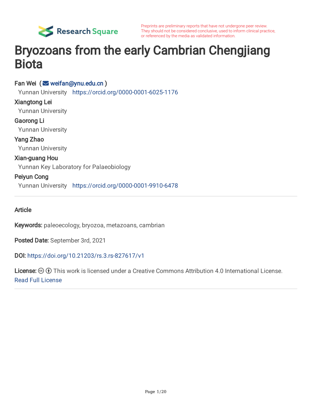 Bryozoans from the Early Cambrian Chengjiang Biota