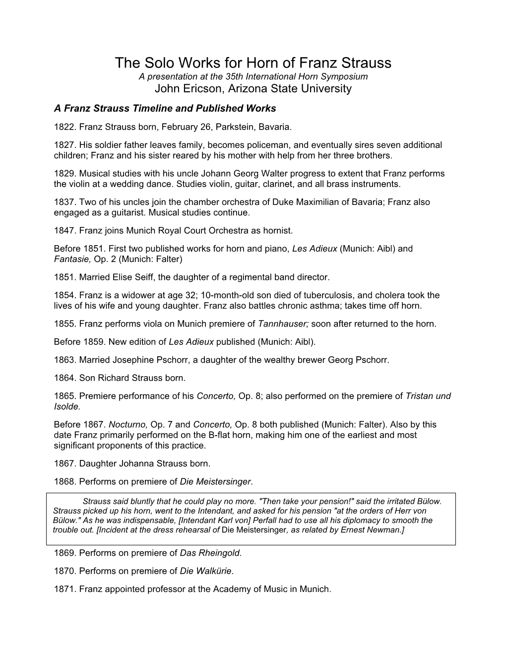 The Solo Works for Horn of Franz Strauss a Presentation at the 35Th International Horn Symposium John Ericson, Arizona State University