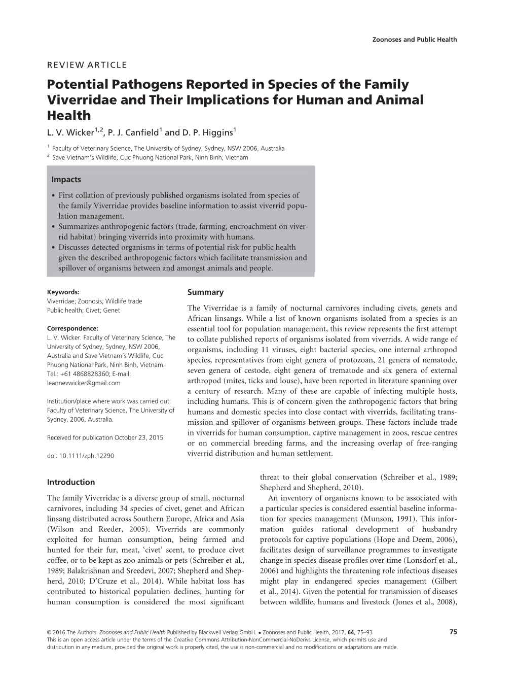 Potential Pathogens Reported in Species of the Family Viverridae and Their Implications for Human and Animal Health L