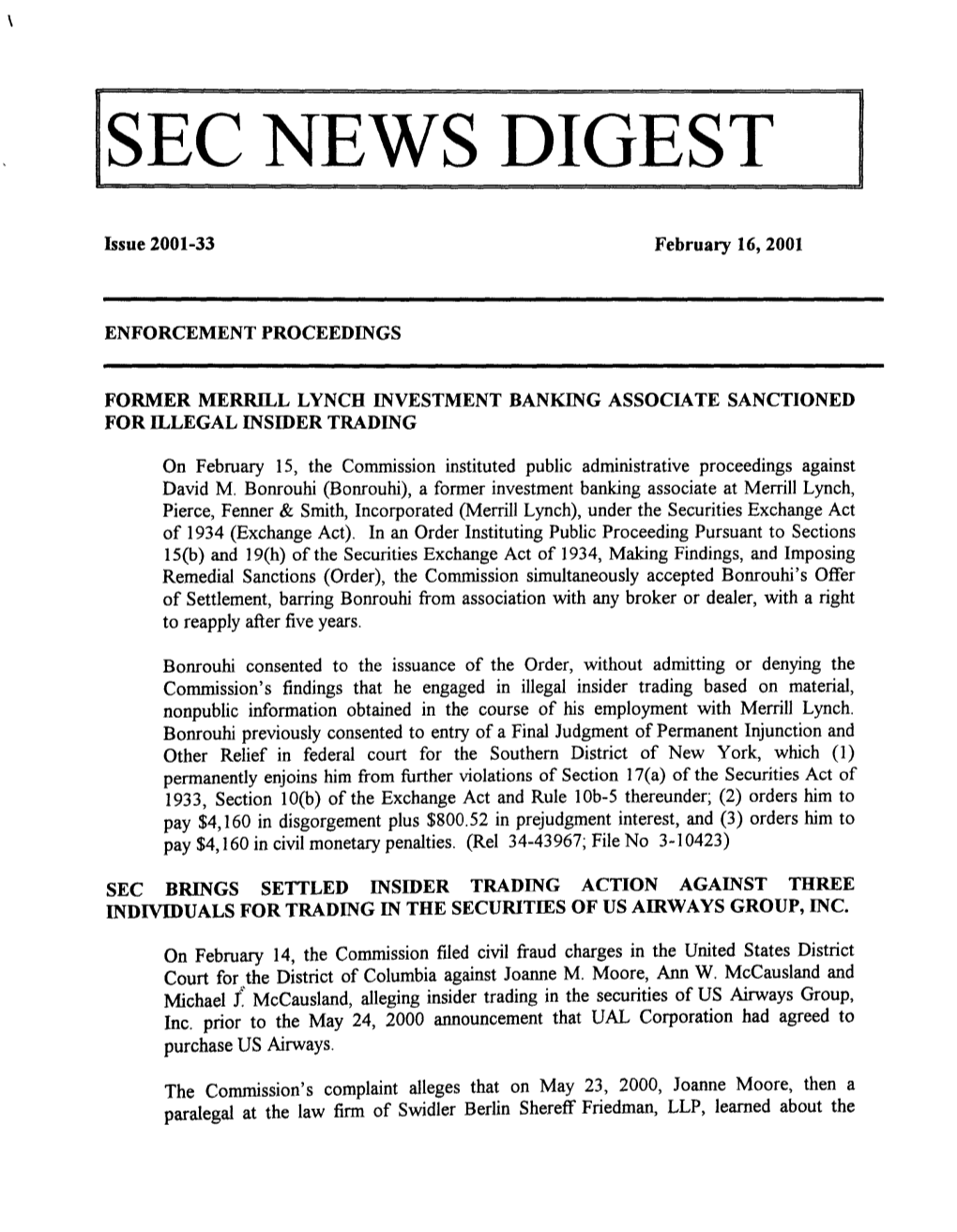 SEC News Digest, 02-16-2001