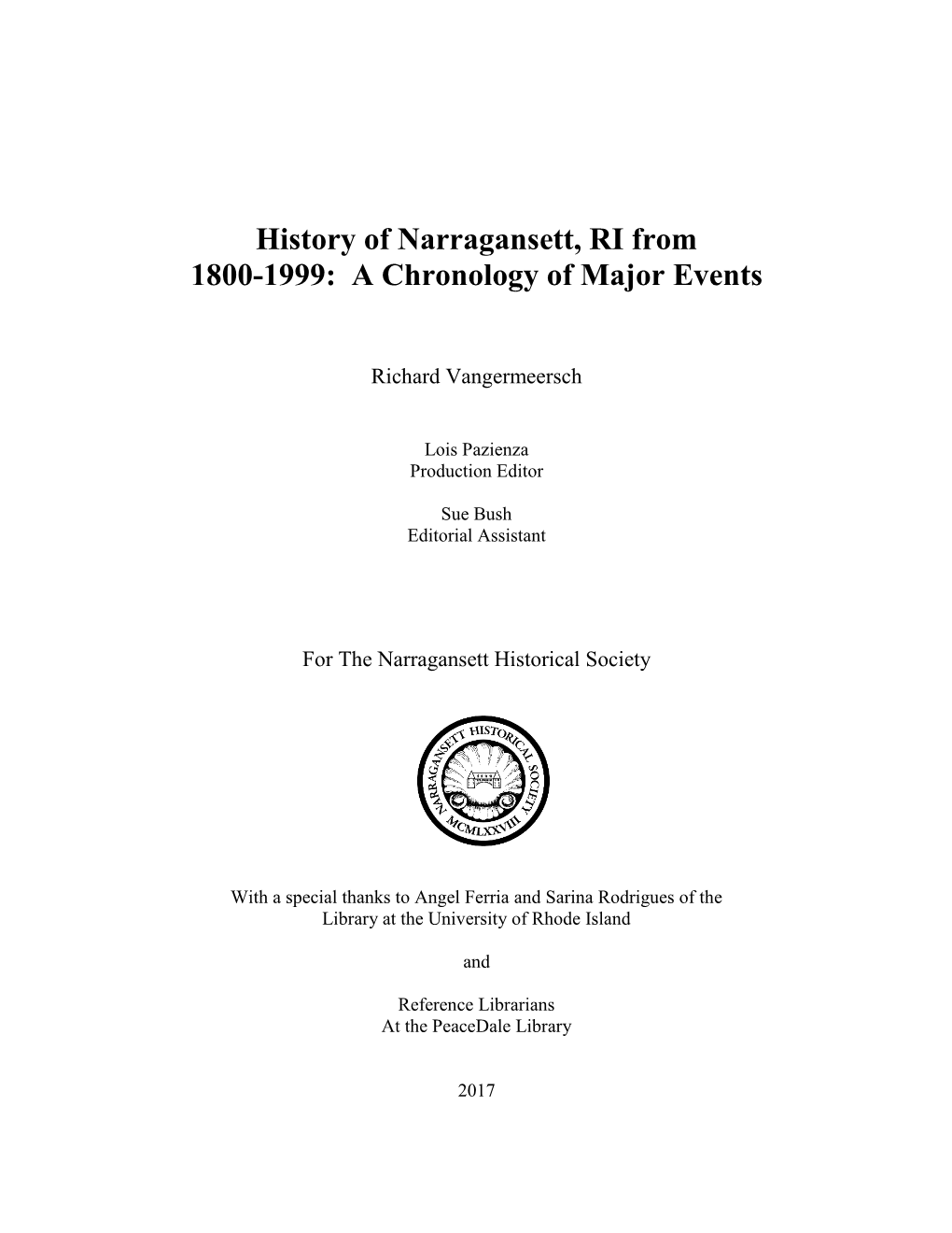 History of Narragansett, RI from 1800-1999: a Chronology of Major Events