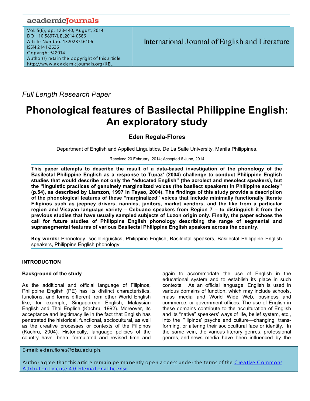 Phonological Features of Basilectal Philippine English: an Exploratory Study